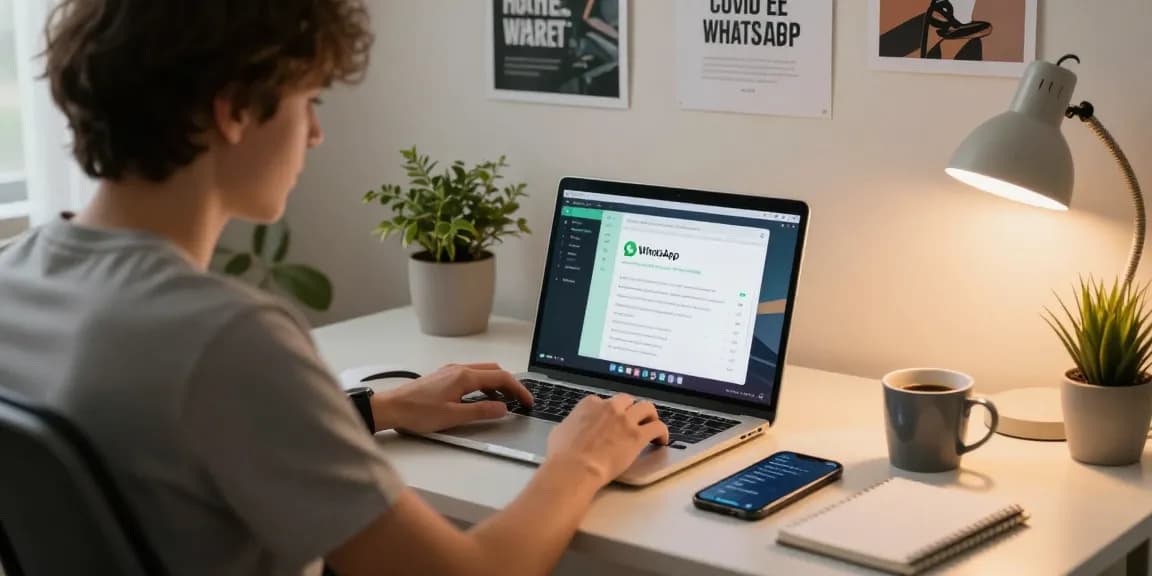 Working on WhatsApp電腦版 in a stylish home office, showcasing productivity and modern workspace elements.