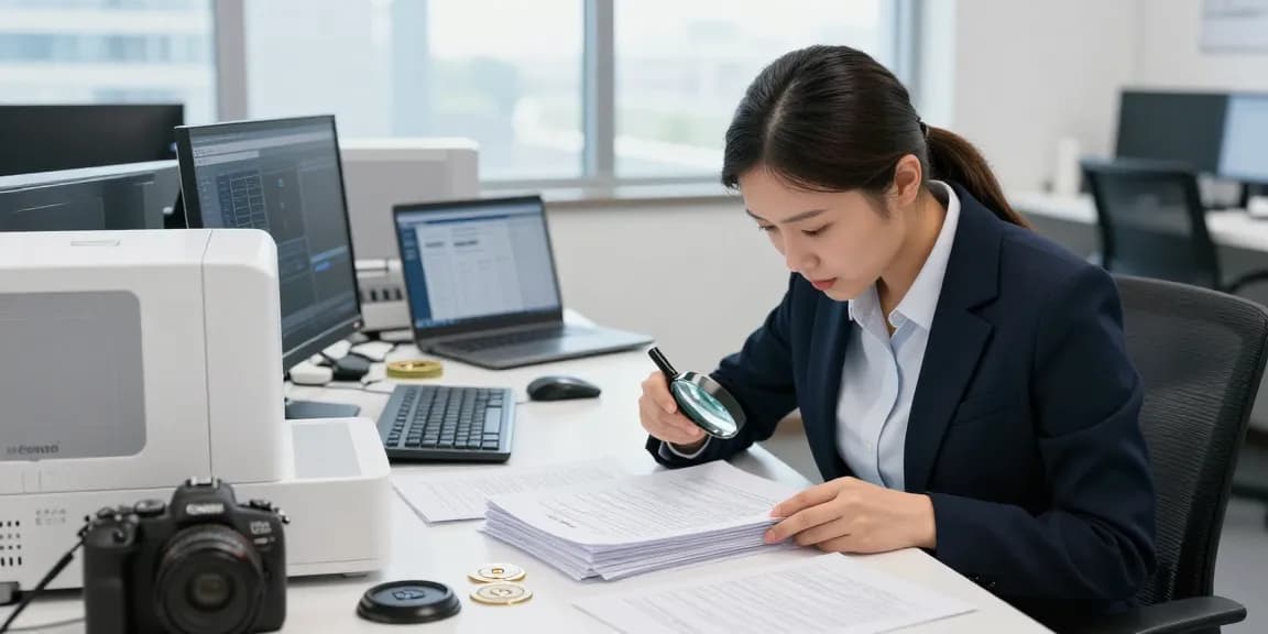 Examining documents for potential fraud detection in a secure office.