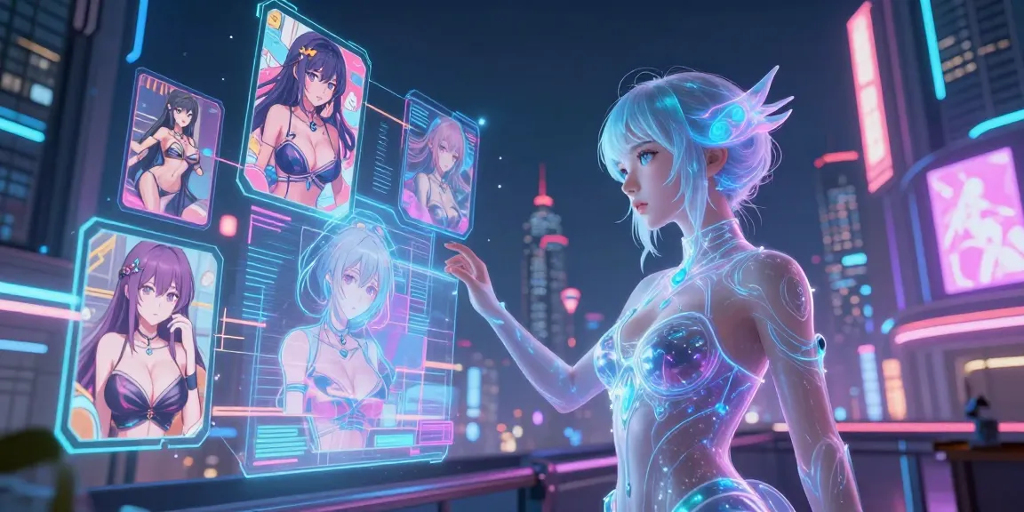 AI ecchi character in a vibrant futuristic cityscape, showcasing imaginative art styles.