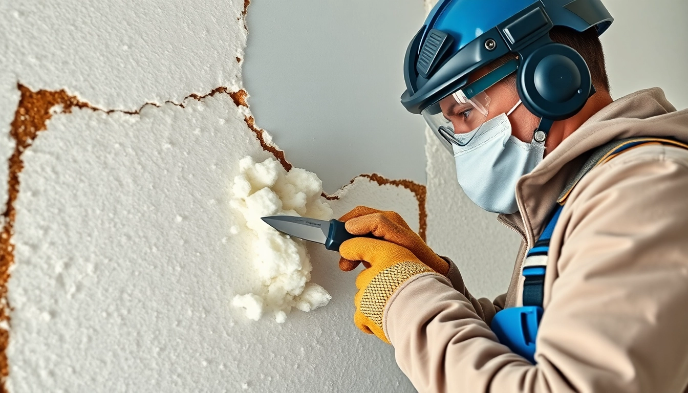 Engineer performing open cell spray foam removal from a wall, showcasing professional techniques.