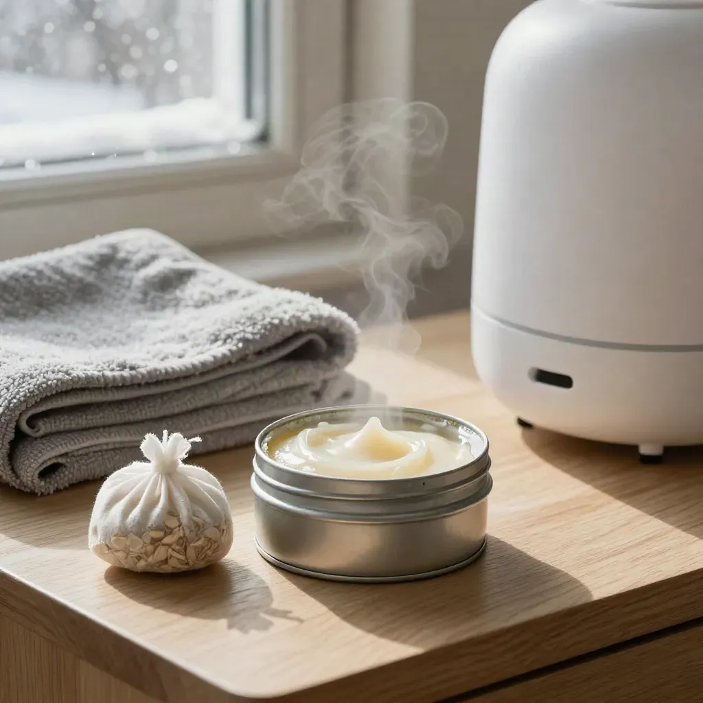 Winter eczema-care bedside table with balm tin, oat sachets, flannel and a white humidifier by frosted window