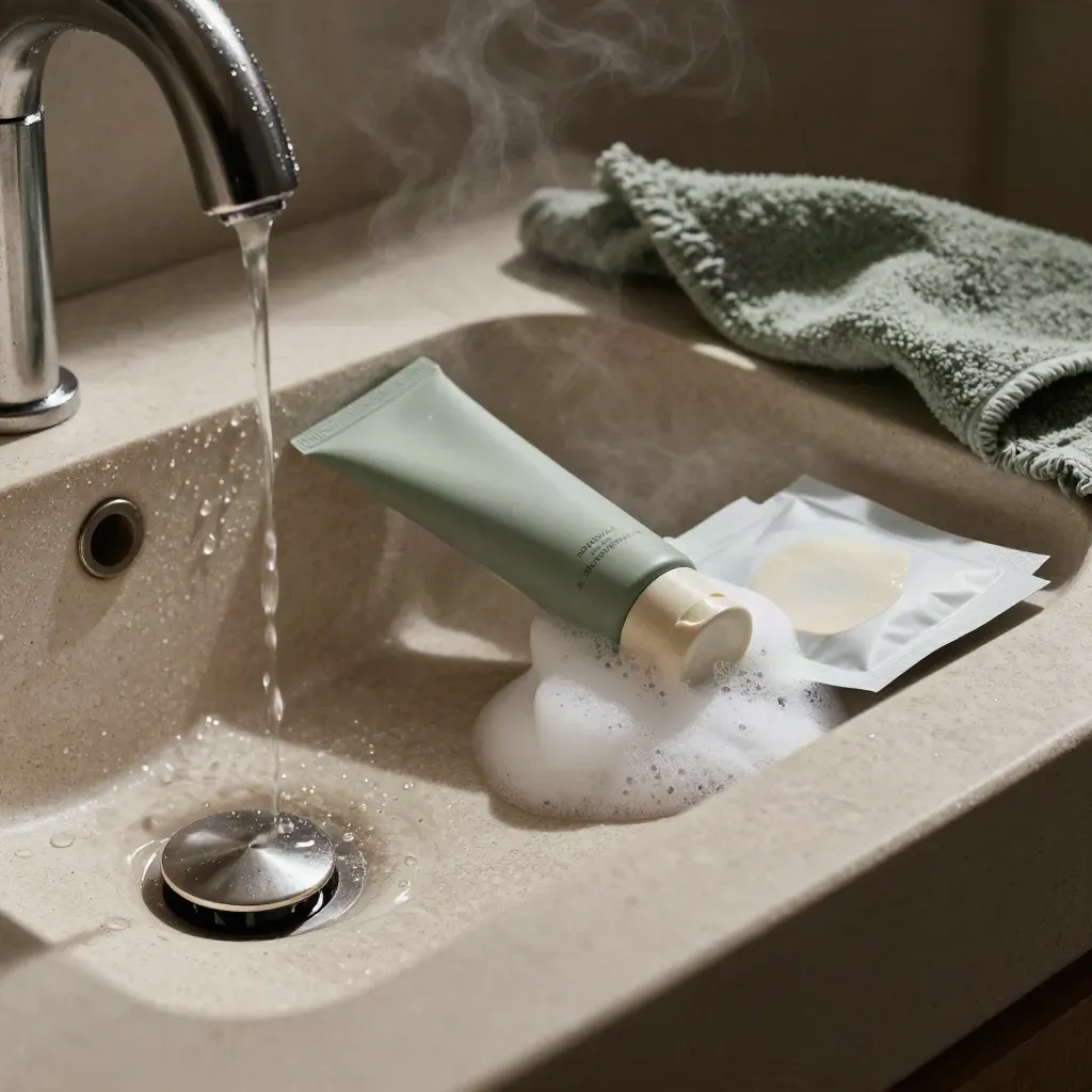 Wet bathroom counter with cleanser foam, moisturizer, patch packet, and water beading toward the drain.