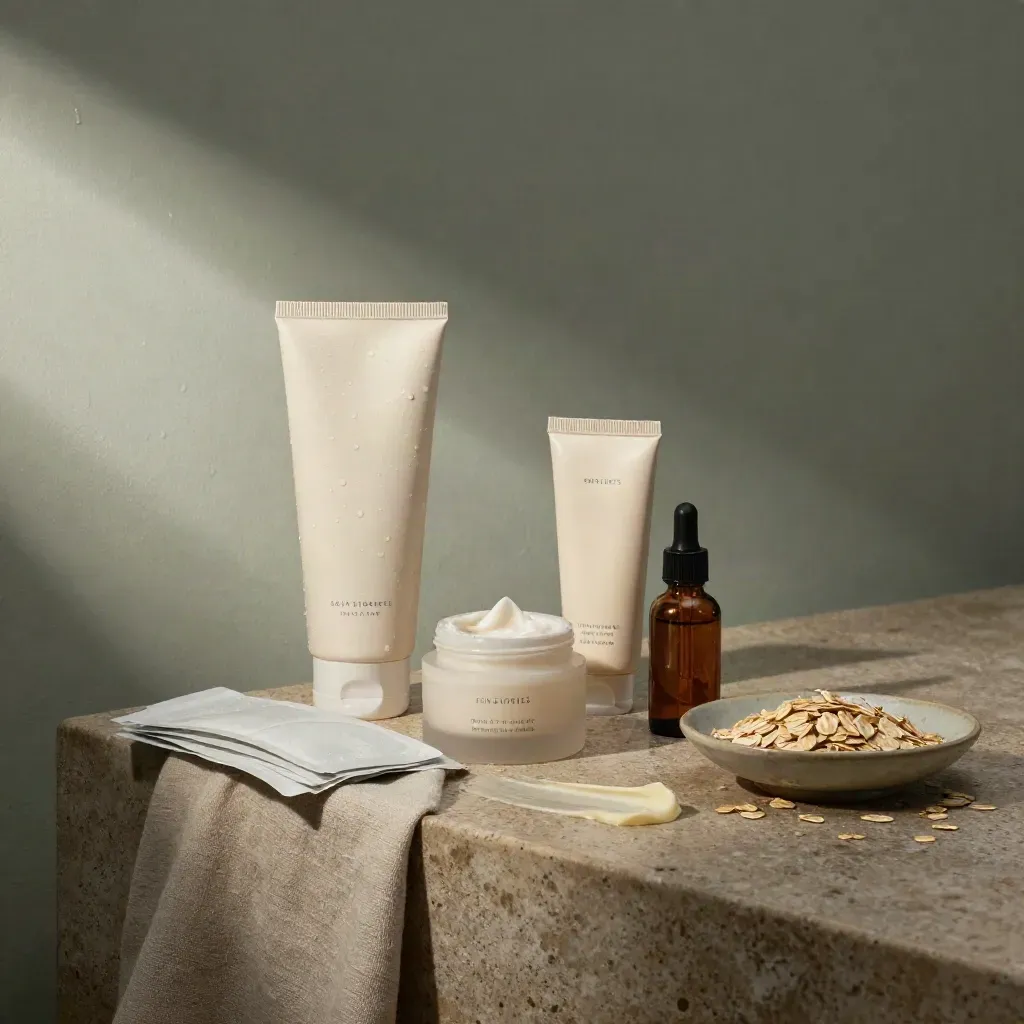 Rain-washed bathroom ledge with skincare products in dawn light and open copy space.