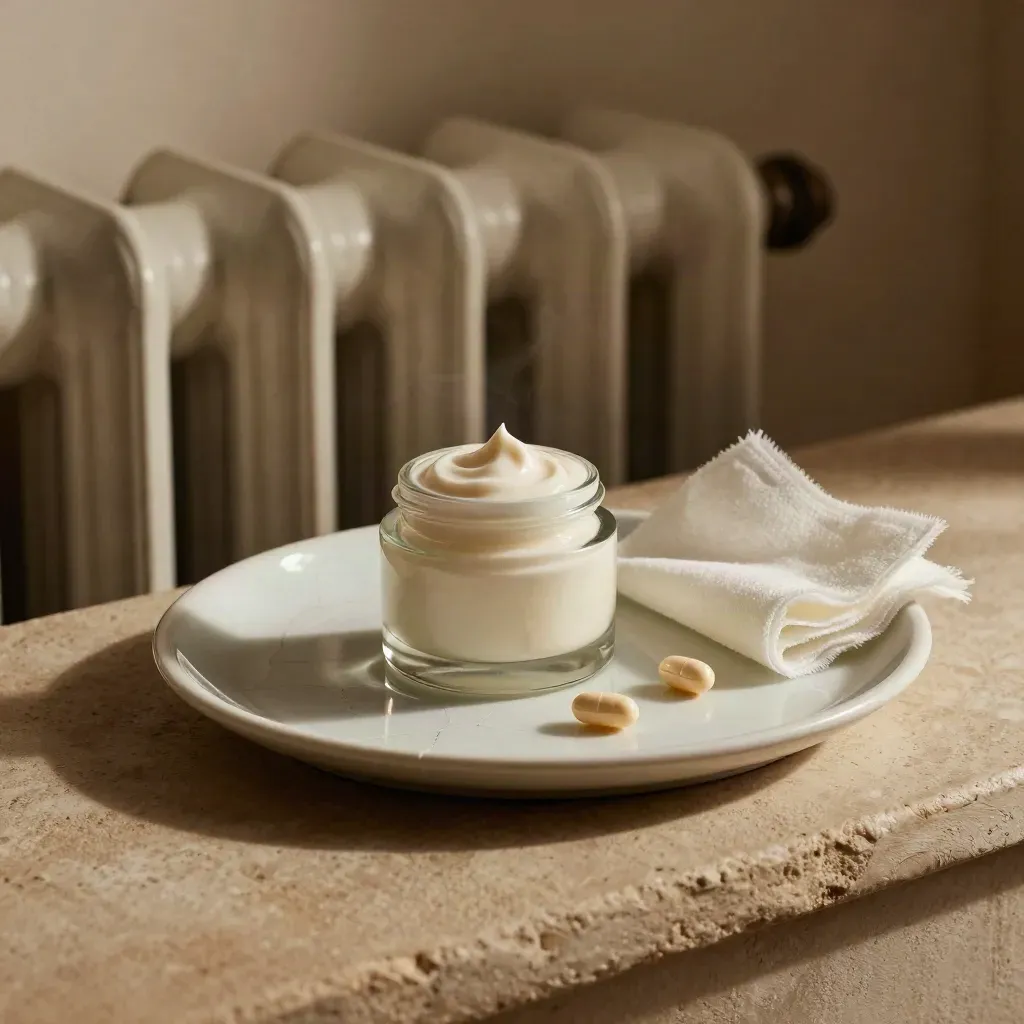 Cream jar, ceramide capsules, and gauze on a cracked tray beside a warm radiator.