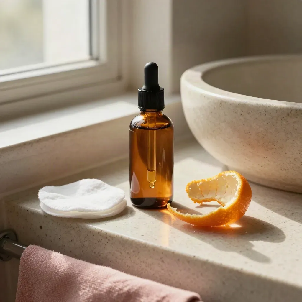 Amber serum bottle by a stone sink with cotton pads and citrus rind in morning light.