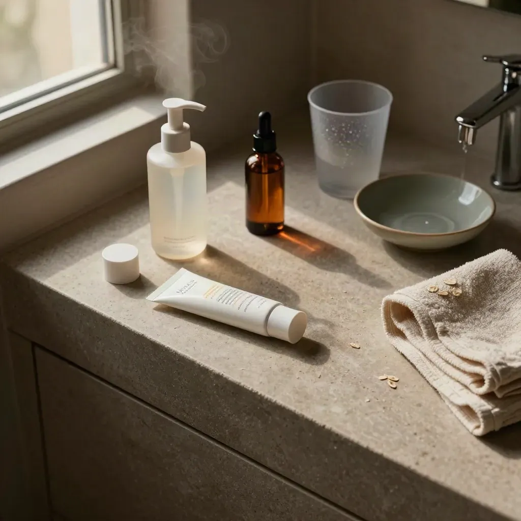 Overhead vanity with cleanser, uncapped SPF, serum, cup, towel in warm dawn light