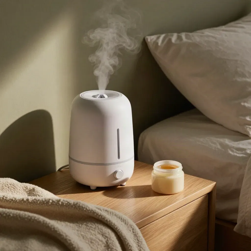 Bedside humidifier, balm jar, warm water bowl, and blanket edge in a hazy eczema-relief scene.