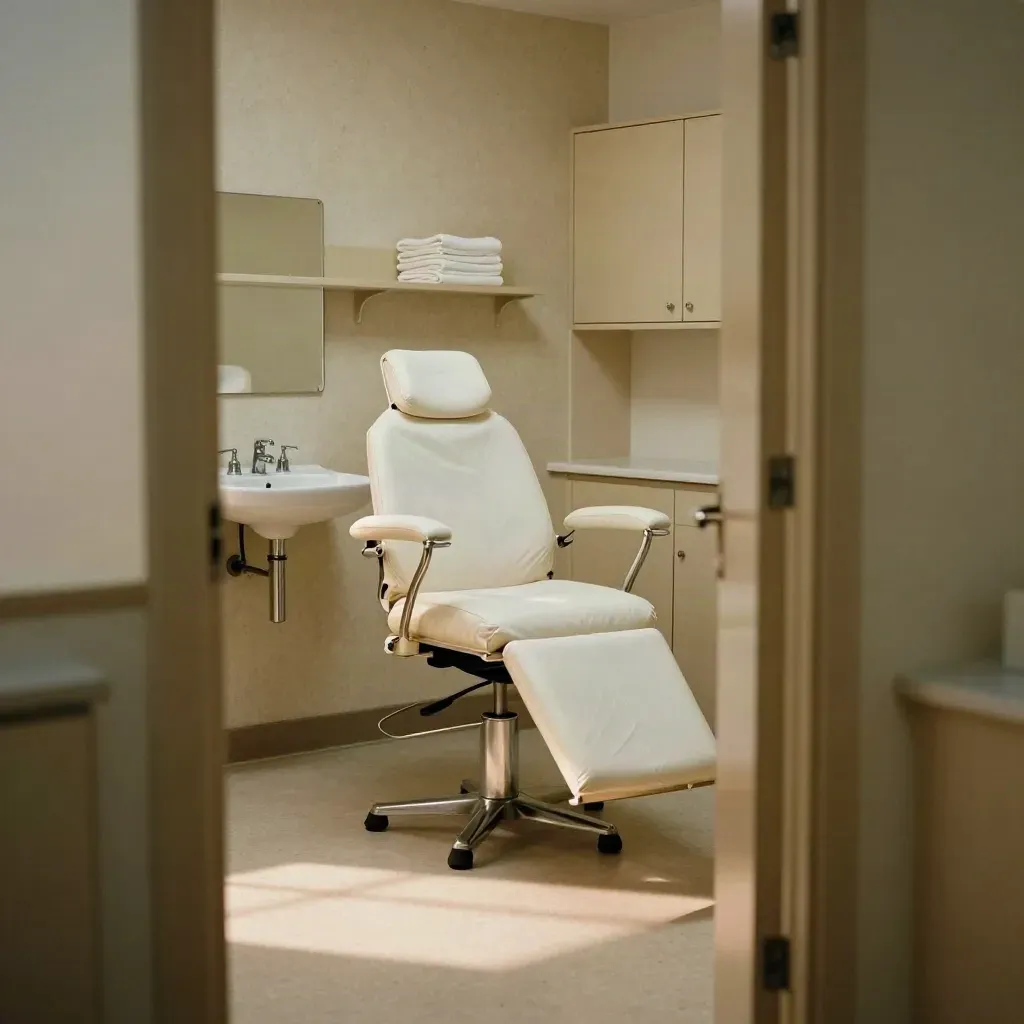 Quiet clinic room with exam chair, sink, towels and cabinet in warm afternoon light.