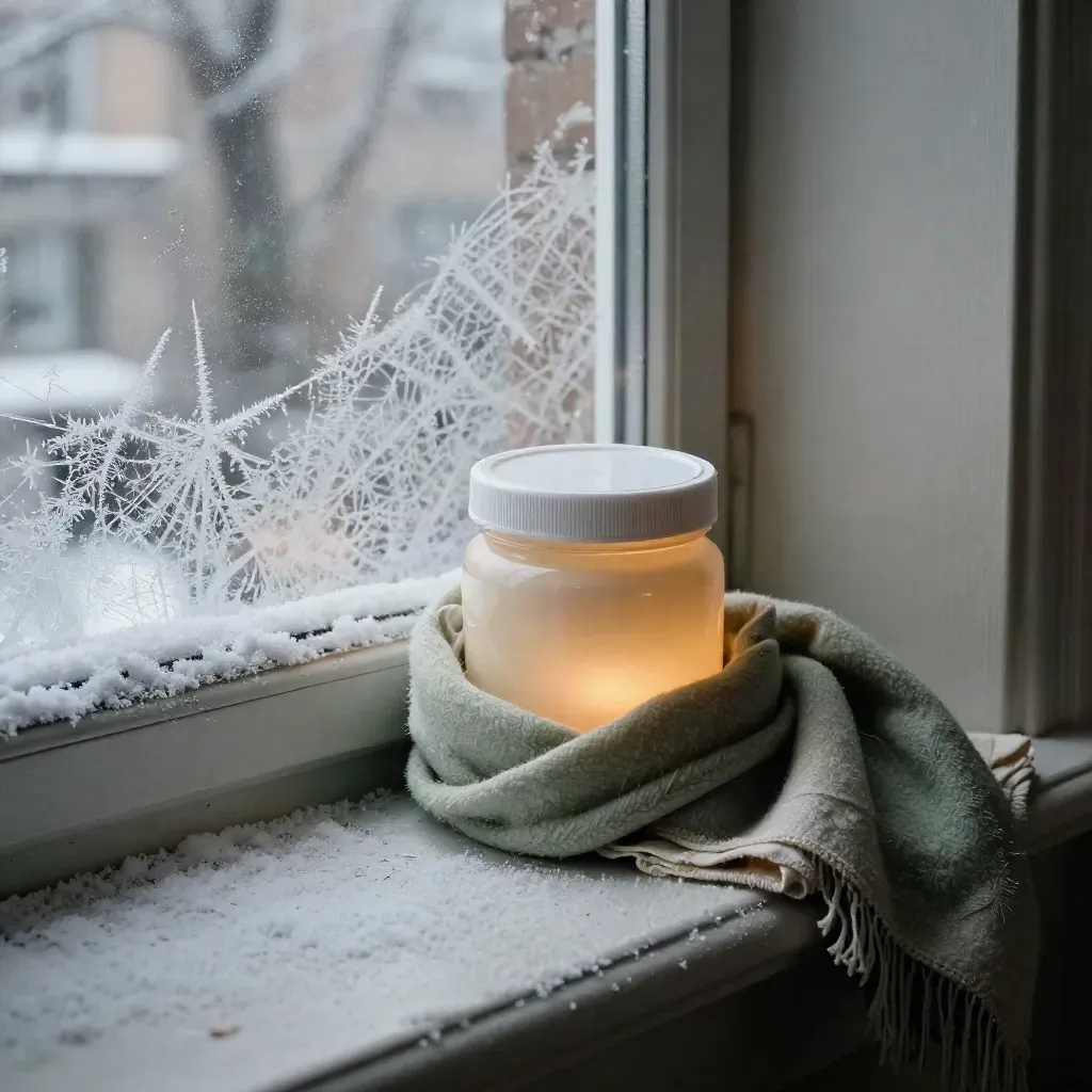 Winter cream jar and scarf on a frosted apartment windowsill