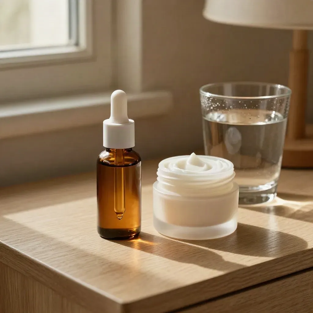 Retinol serum, moisturizer, and water on a warm nightstand in soft window light.