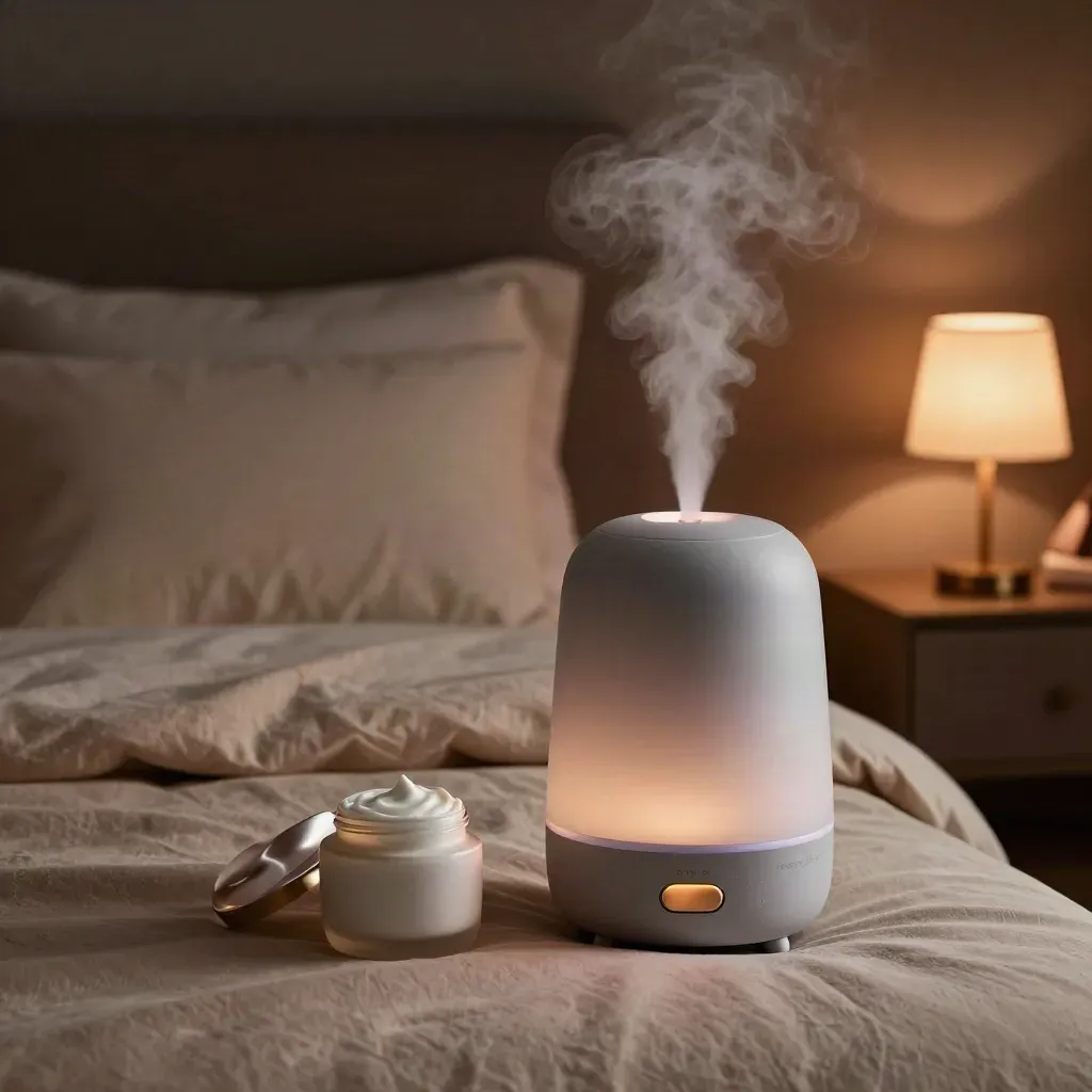 Bedside humidifier, cream jar, bedding, and lamp in a moody eczema-night scene.