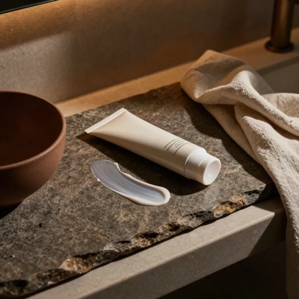 Sunlit sunscreen tube, stone sheen, mocha bowl and linen cloth on a warm bathroom shelf.