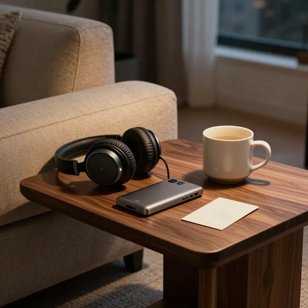 Headphones, recorder, mug and folded card on a walnut side table in warm lamp light.
