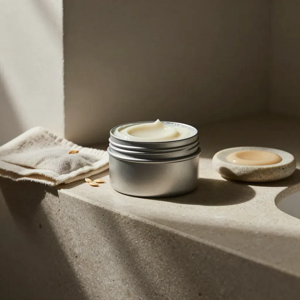 Balm tin, oat sachet, cotton cloth, and stone dish on a stone shelf in soft side light.