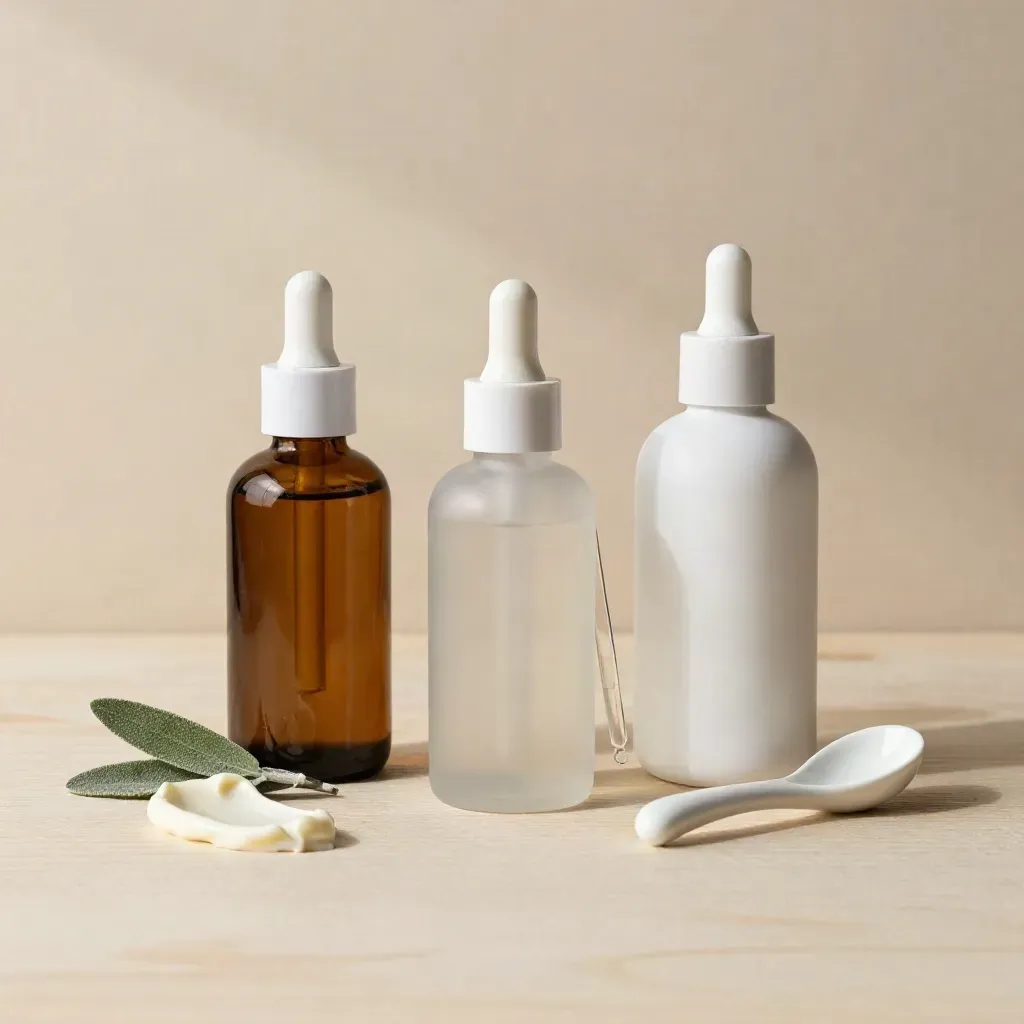 Top-down skincare bottles with dropper and ceramic spoon on pale wood, sage accent