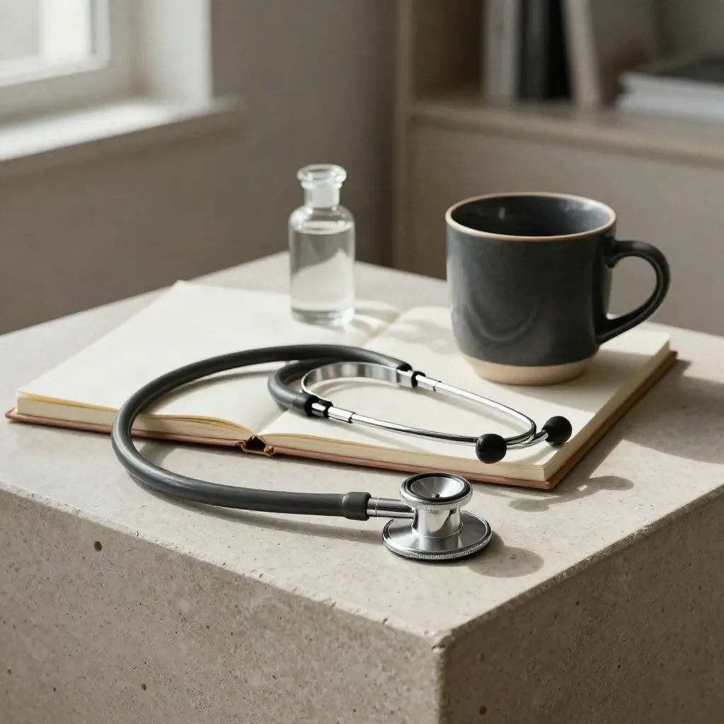 Stethoscope, notebook, cup, and bottle on a stone side table in soft clinic light.