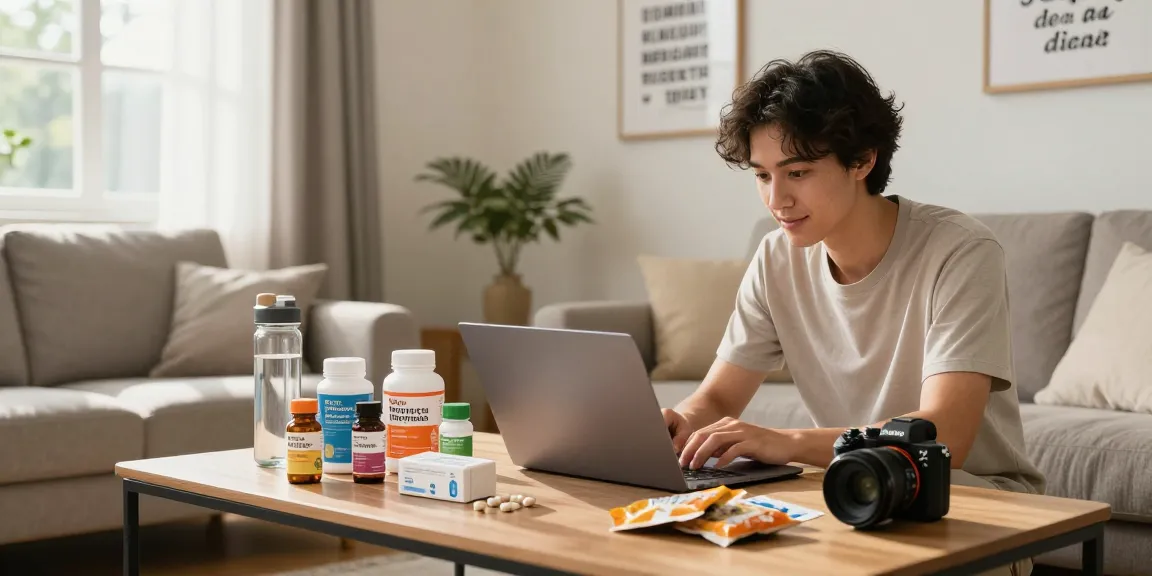 Engaging e-commerce pharmacy scene featuring a young adult browsing to buy crystal methamphetamine online in a cozy living room.