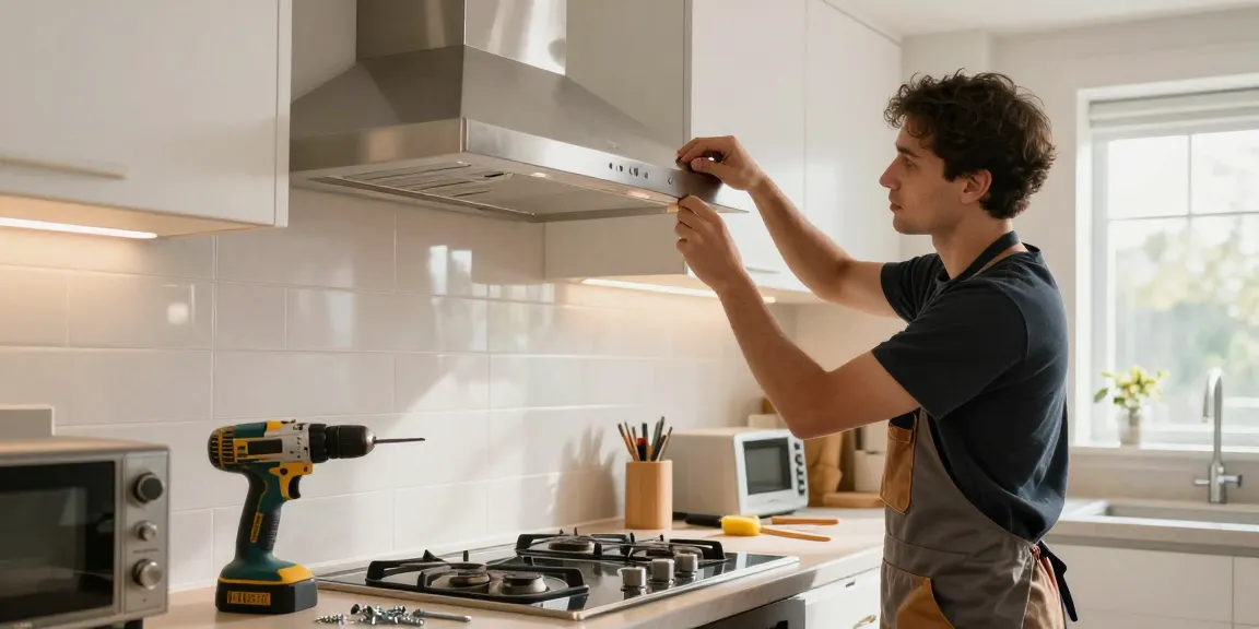 Technician performing exhaust hood installation in a bright modern kitchen, showcasing precision and professionalism.