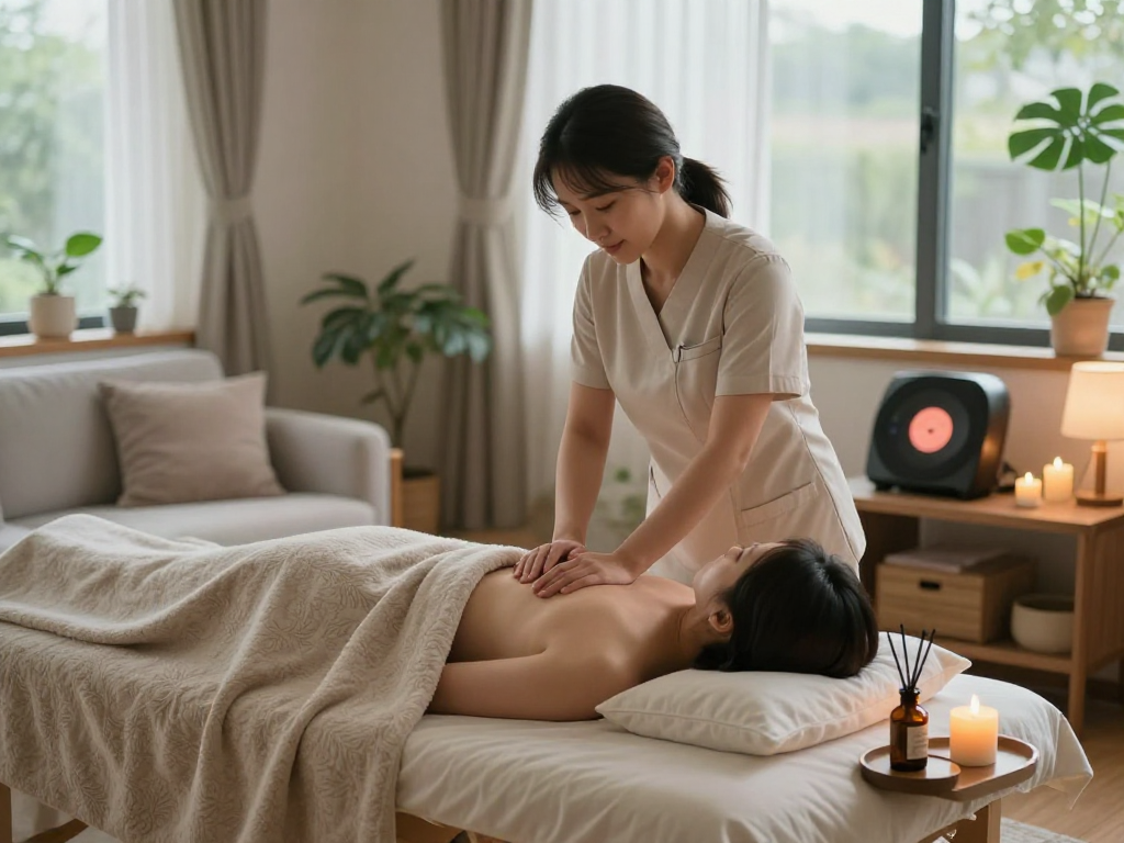 의정부출장마사지 in a cozy home setting, therapist providing a serene massage experience with candles and essential oils.