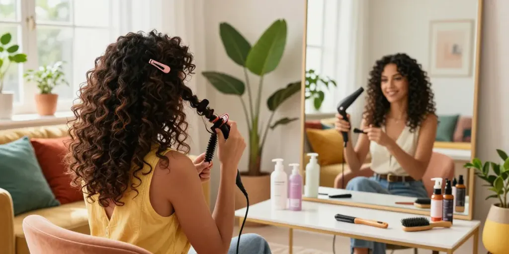 Woman styling her curly clip ins in a bright living room, showcasing hair care products.